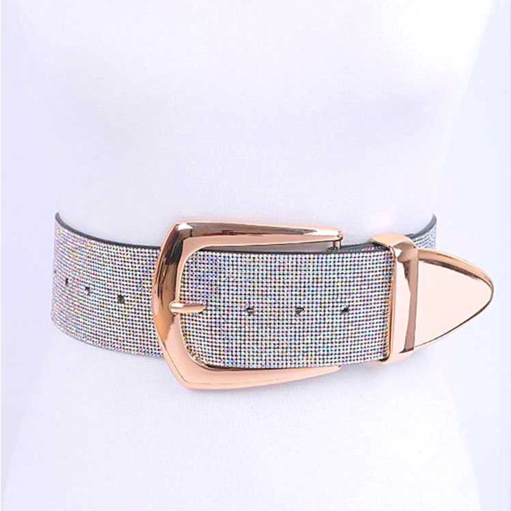Rhinestone Gold Buckle Wide Waist Statement Belt